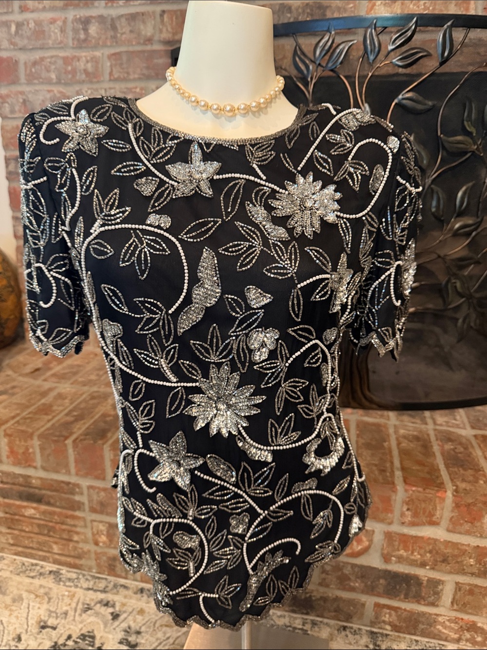 Lawrence Kazar Vintage Silk Beaded Sequin Floral Top Black Silver M